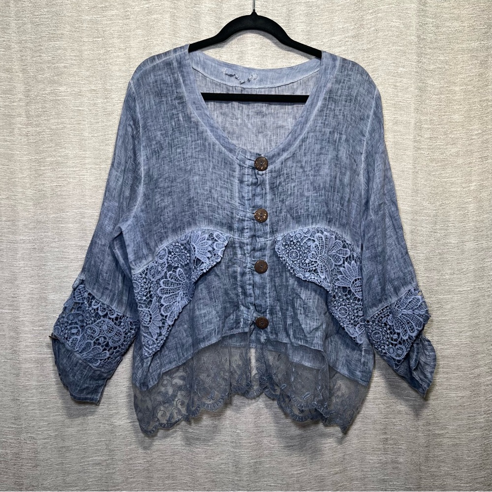 Made in Italy Linen Lace Top Blue Relaxed Loghtweight Fit Boho L/XL